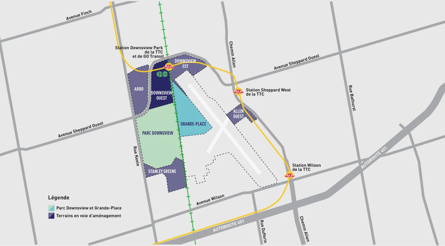 Carte de la région de Downsview Ouest montrant les principales autoroutes et intersections